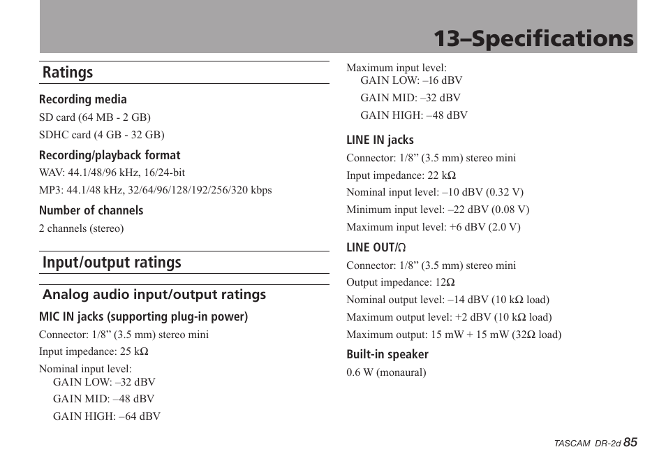 13–specifications, Ratings, Input/output ratings | Analog audio input/output ratings, Ratings input/output ratings | Teac DR-2D User Manual | Page 85 / 88