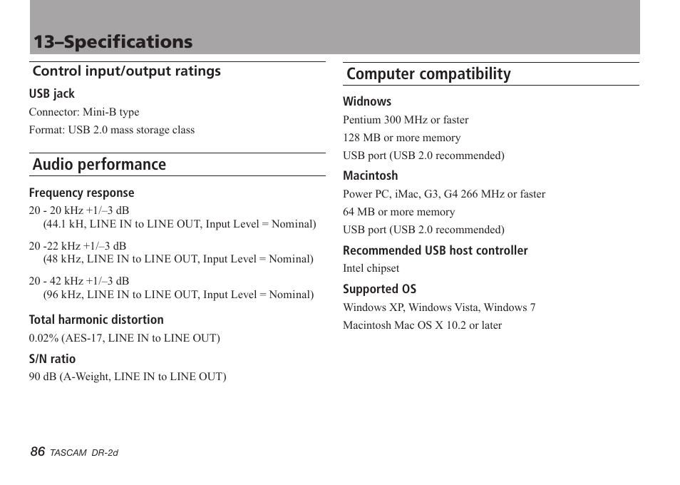 Control input/output ratings, Audio performance, Computer compatibility | Audio performance computer compatibility, 13–specifications | Teac DR-2D User Manual | Page 86 / 88