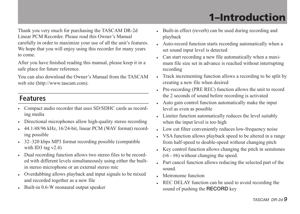 1–introduction, Features | Teac DR-2D User Manual | Page 9 / 88