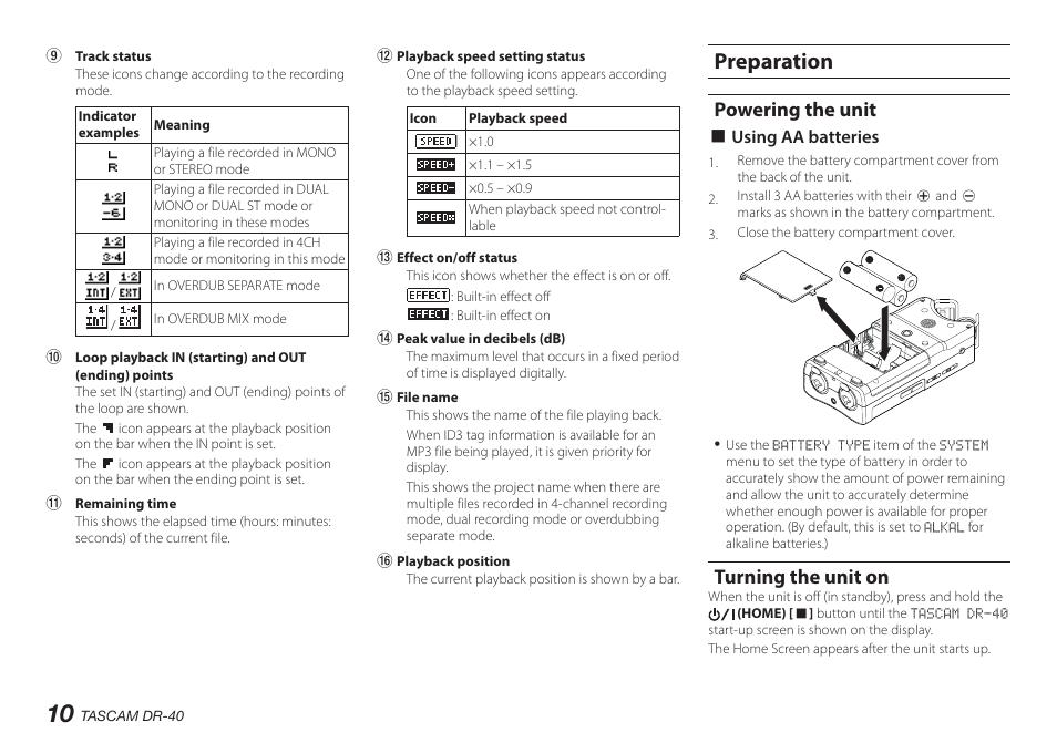 Preparation, Powering the unit, Turning the unit on | Teac DR-40 User Manual | Page 10 / 140