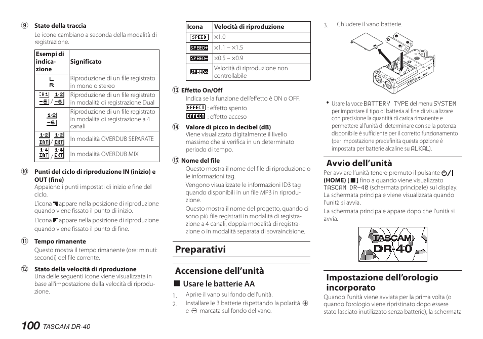 Preparativi, Accensione dell’unità, Avvio dell’unità | Impostazione dell’orologio incorporato | Teac DR-40 User Manual | Page 100 / 140