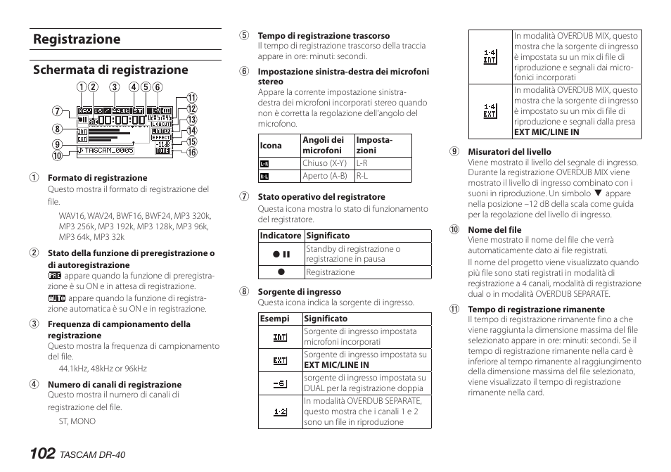 Registrazione, Schermata di registrazione | Teac DR-40 User Manual | Page 102 / 140