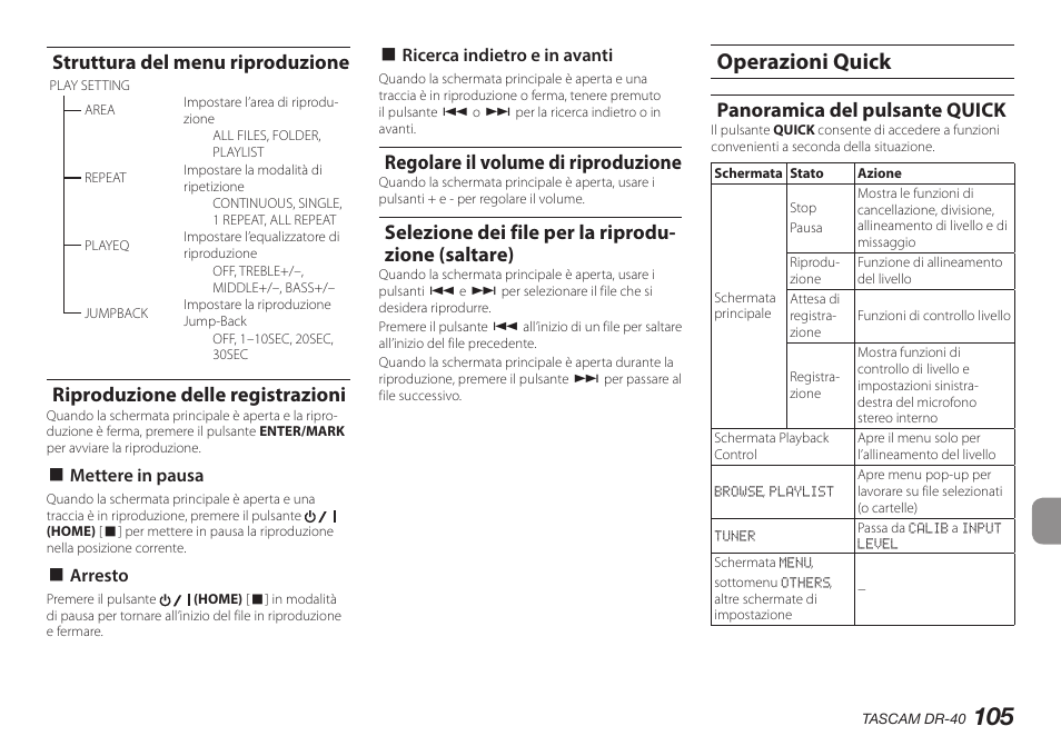 Struttura del menu riproduzione, Riproduzione delle registrazioni, Regolare il volume di riproduzione | Selezione dei file per la riproduzione (saltare), Operazioni quick, Panoramica del pulsante quick, Selezione dei file per la riprodu- zione (saltare) | Teac DR-40 User Manual | Page 105 / 140