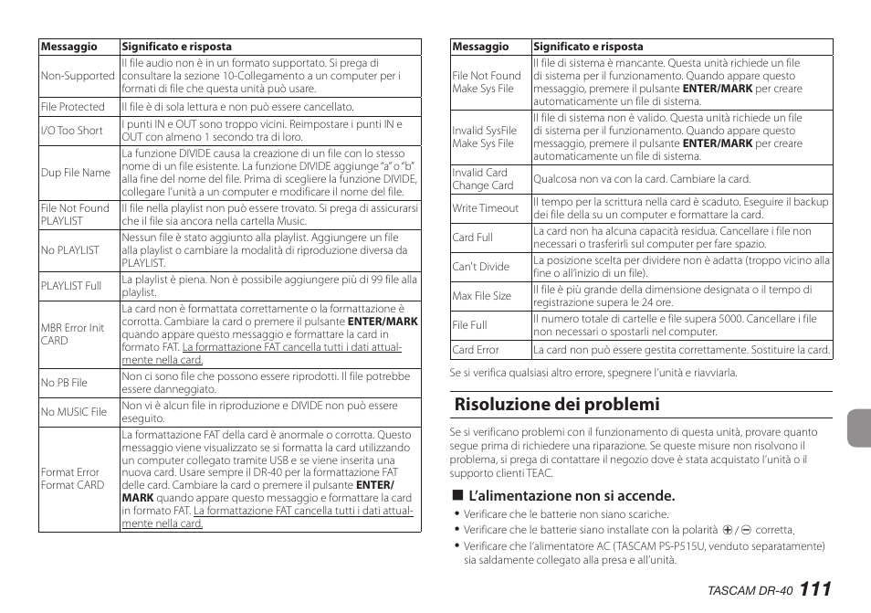 Risoluzione dei problemi, 8 l’alimentazione non si accende | Teac DR-40 User Manual | Page 111 / 140