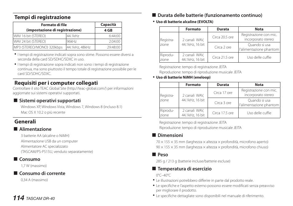 Tempi di registrazione, Requisiti per i computer collegati, Generali | Teac DR-40 User Manual | Page 114 / 140