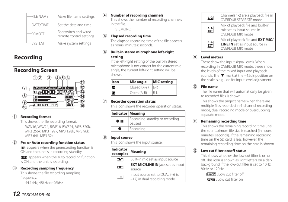 Recording, Recording screen | Teac DR-40 User Manual | Page 12 / 140