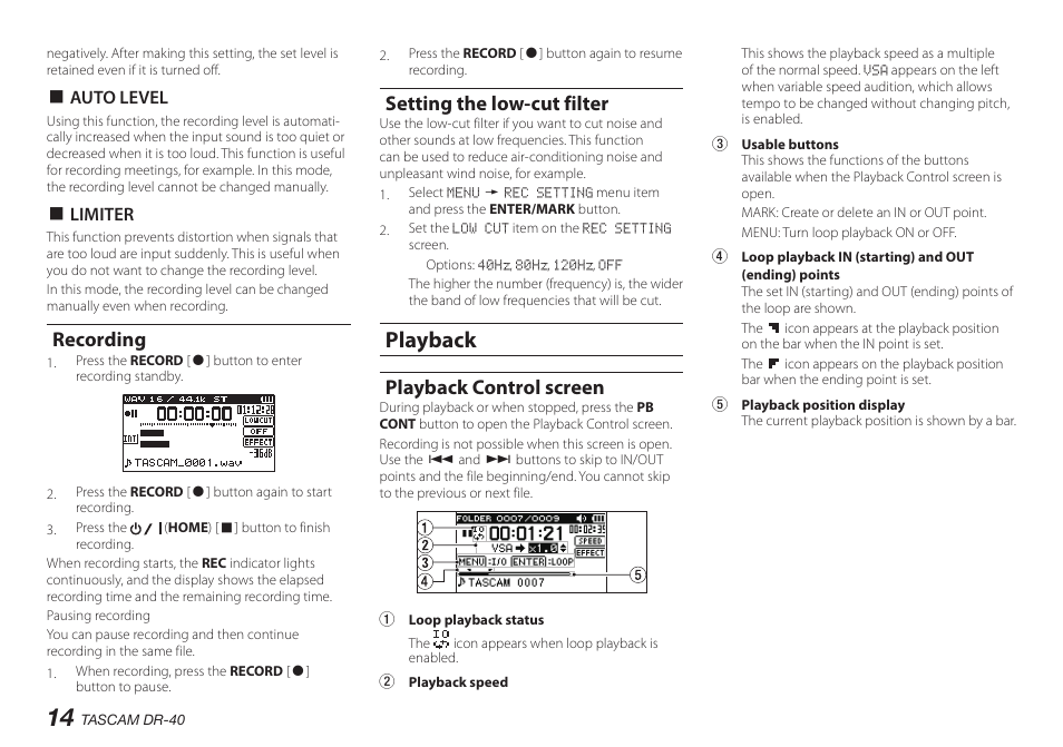 Recording, Setting the low-cut filter, Playback | Playback control screen | Teac DR-40 User Manual | Page 14 / 140