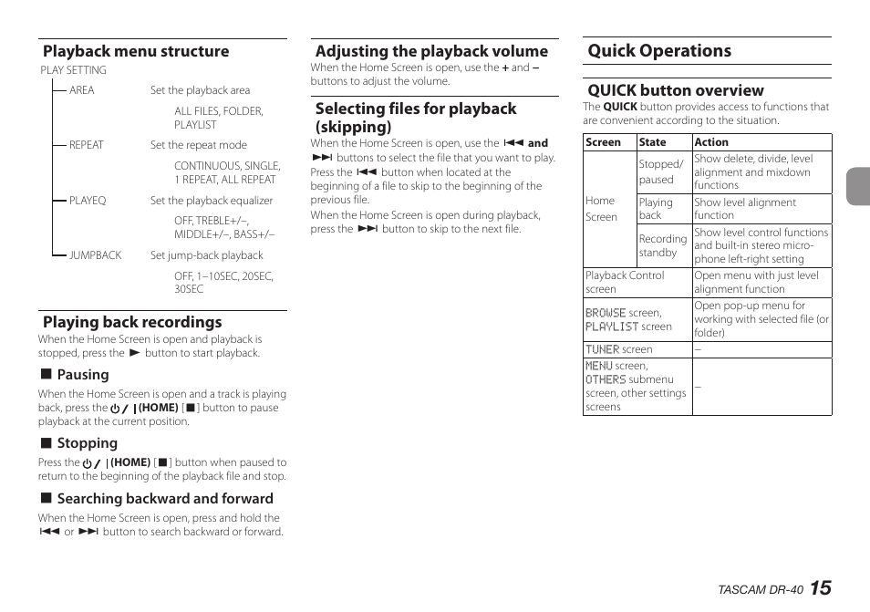 Playback menu structure, Playing back recordings, Adjusting the playback volume | Selecting files for playback (skipping), Quick operations, Quick button overview | Teac DR-40 User Manual | Page 15 / 140