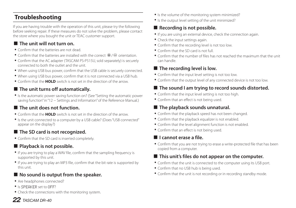 Troubleshooting | Teac DR-40 User Manual | Page 22 / 140