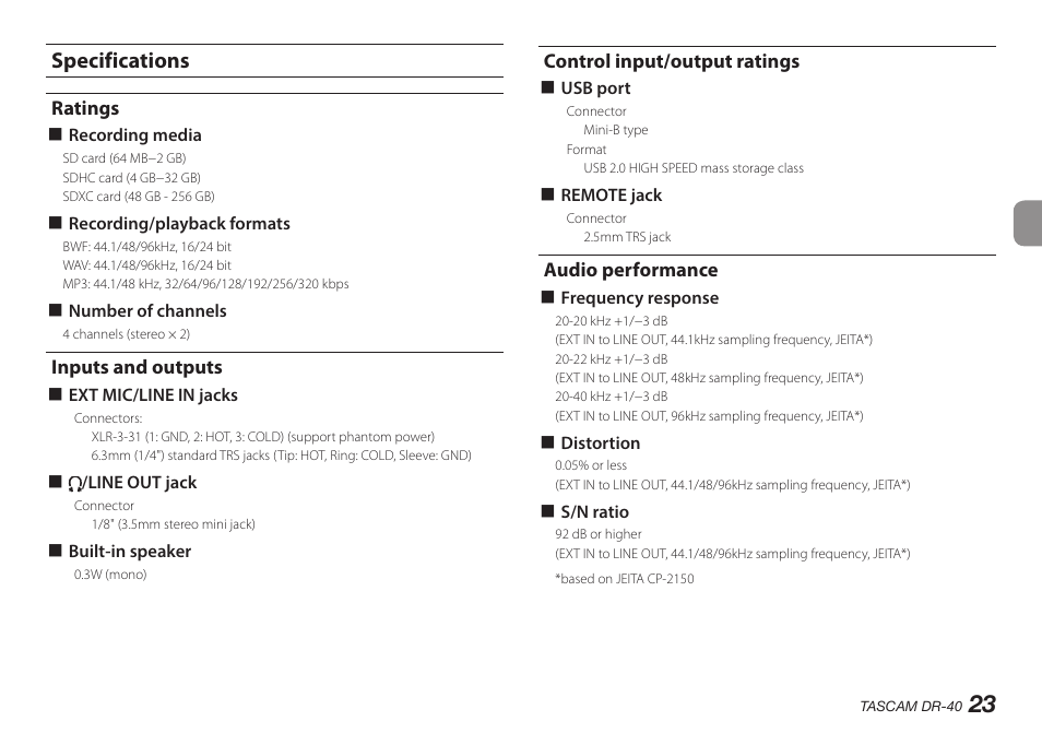 Specifications, Ratings, Inputs and outputs | Control input/output ratings, Audio performance | Teac DR-40 User Manual | Page 23 / 140