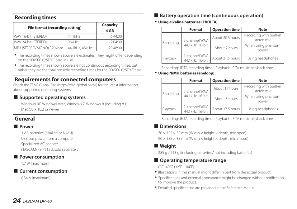 Recording times, Requirements for connected computers, General | Teac DR-40 User Manual | Page 24 / 140