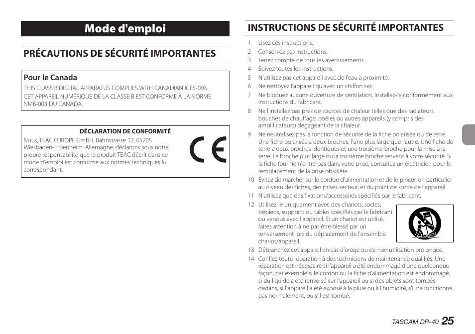 Français, Mode d'emploi, Précautions de sécurité importantes | Instructions de sécurité importantes | Teac DR-40 User Manual | Page 25 / 140