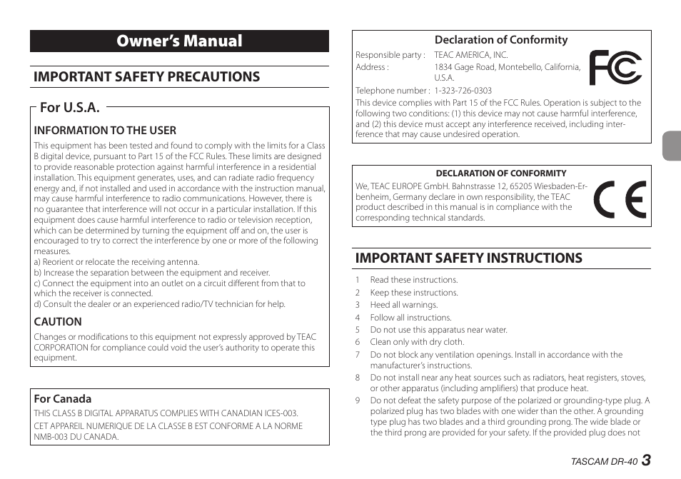 English, Owner’s manual, Important safety precautions | For u.s.a, Important safety instructions | Teac DR-40 User Manual | Page 3 / 140