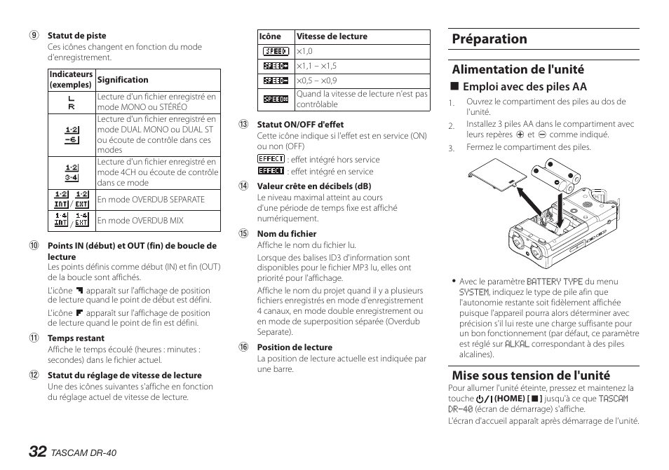 Préparation, Alimentation de l'unité, Mise sous tension de l'unité | Teac DR-40 User Manual | Page 32 / 140