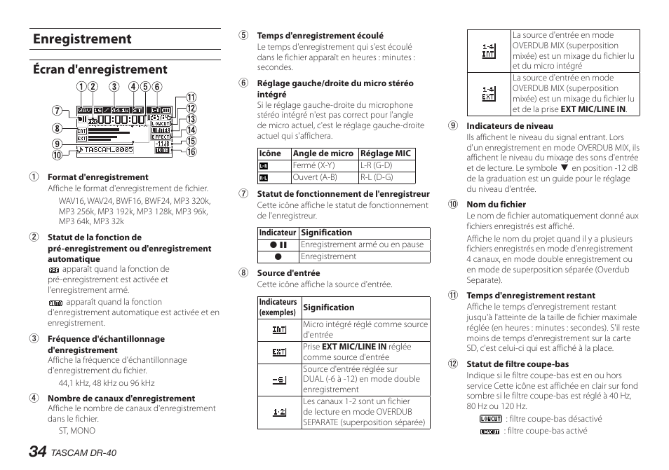 Enregistrement, Écran d'enregistrement | Teac DR-40 User Manual | Page 34 / 140