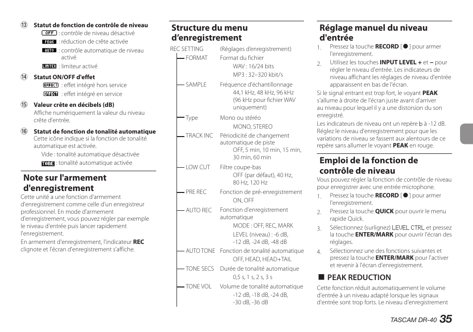 Note sur l'armement d'enregistrement, Structure du menu d’enregistrement, Réglage manuel du niveau d'entrée | Emploi de la fonction de contrôle de niveau | Teac DR-40 User Manual | Page 35 / 140