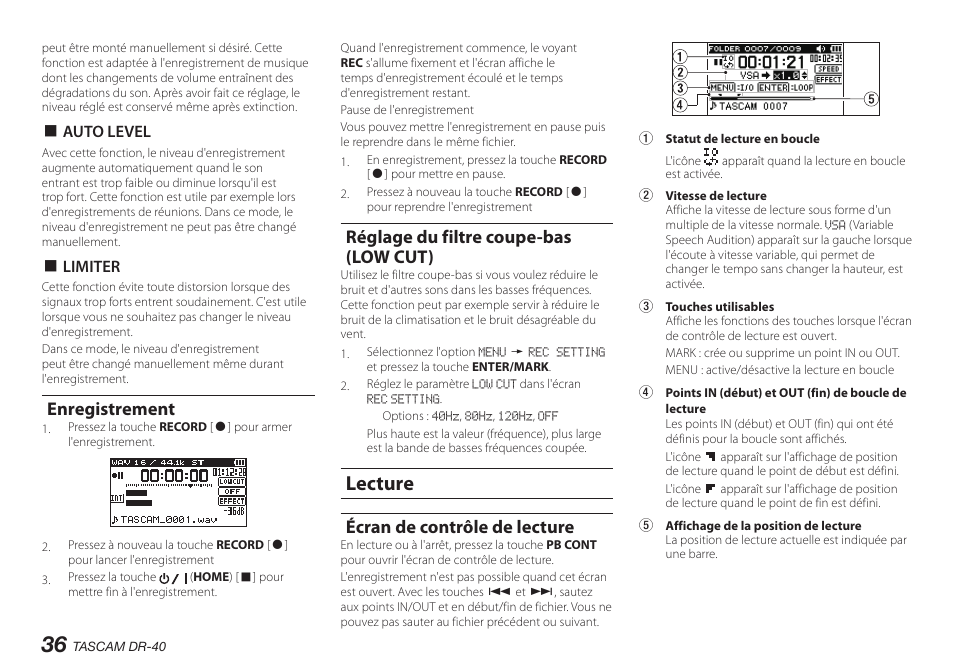 Enregistrement, Réglage du filtre coupe-bas (low cut), Lecture | Écran de contrôle de lecture | Teac DR-40 User Manual | Page 36 / 140