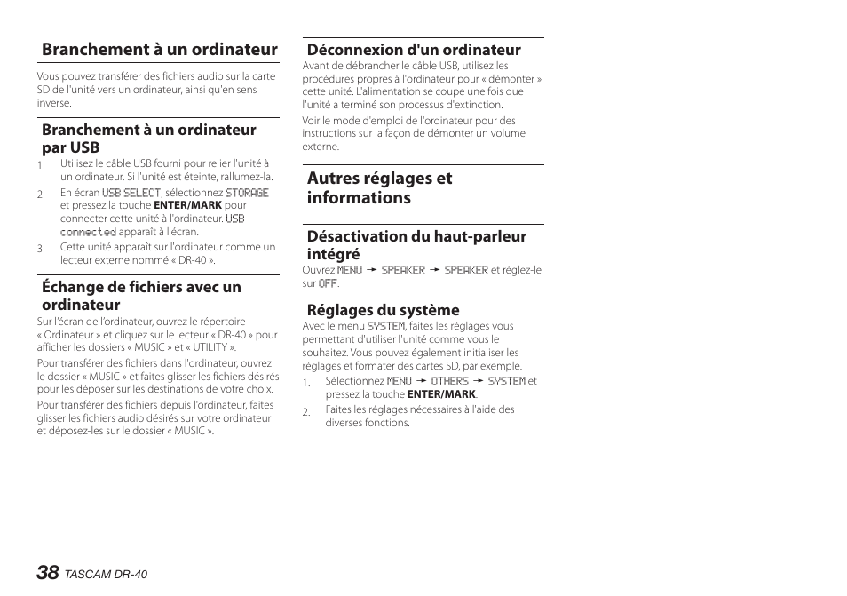 Branchement à un ordinateur, Branchement à un ordinateur par usb, Échange de fichiers avec un ordinateur | Déconnexion d'un ordinateur, Autres réglages et informations, Désactivation du haut-parleur intégré, Réglages du système | Teac DR-40 User Manual | Page 38 / 140