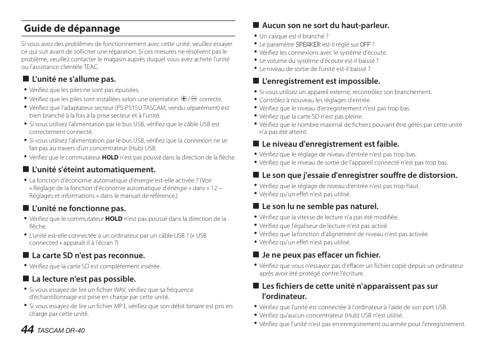 Guide de dépannage | Teac DR-40 User Manual | Page 44 / 140