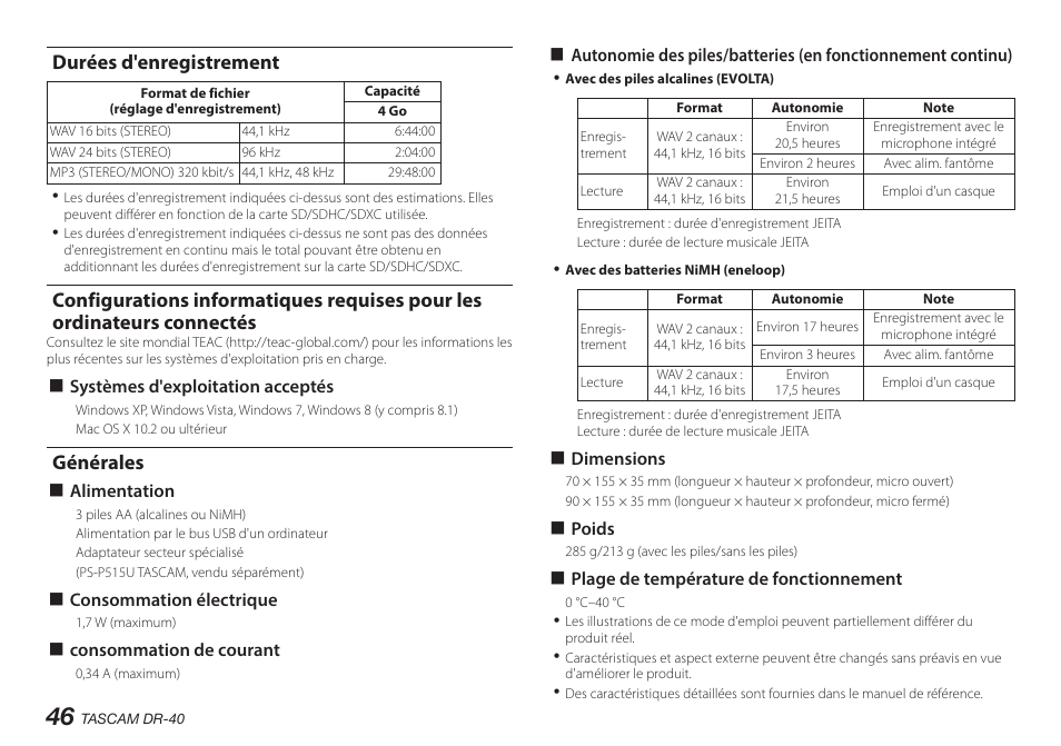 Durées d'enregistrement, Générales | Teac DR-40 User Manual | Page 46 / 140