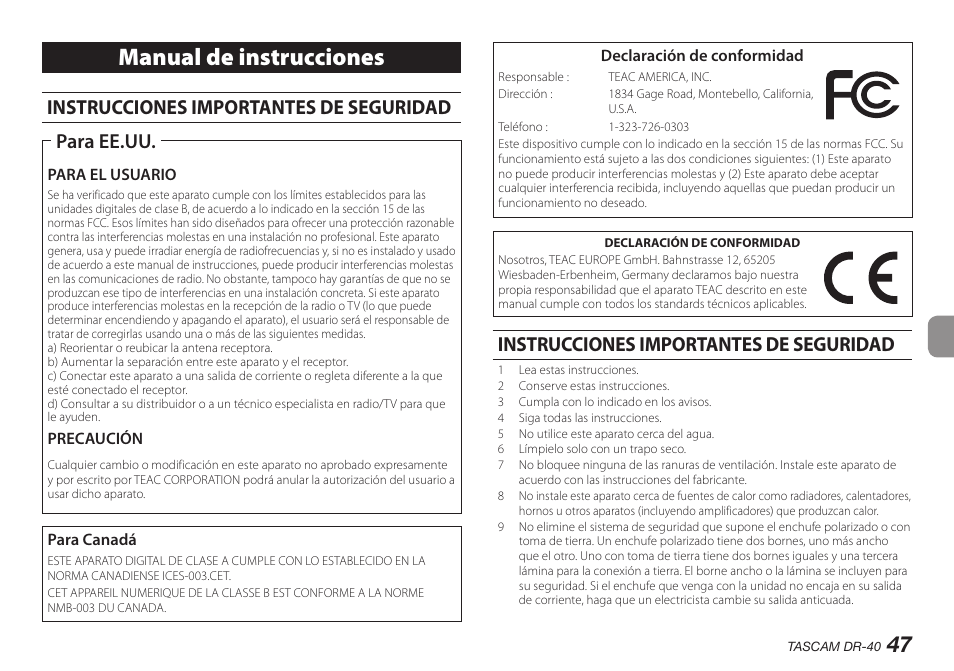 Español, Manual de instrucciones, Instrucciones importantes de seguridad | Para ee.uu | Teac DR-40 User Manual | Page 47 / 140