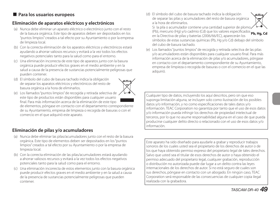 Eliminación de pilas y/o acumuladores | Teac DR-40 User Manual | Page 49 / 140