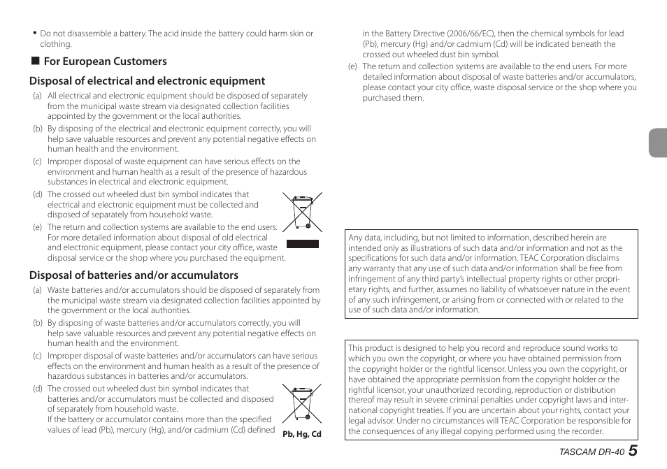 Disposal of batteries and/or accumulators | Teac DR-40 User Manual | Page 5 / 140