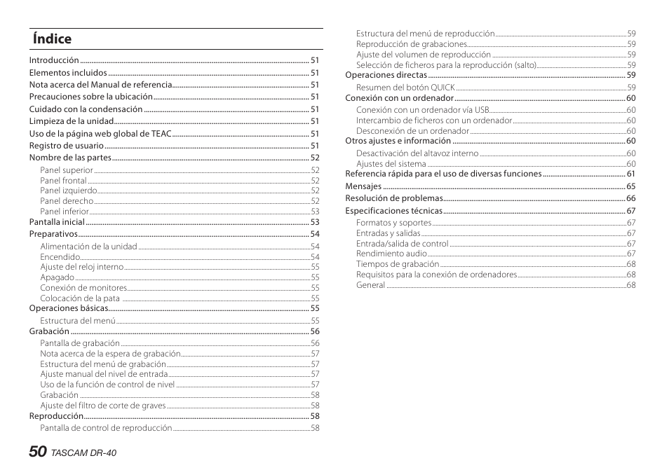 Índice | Teac DR-40 User Manual | Page 50 / 140