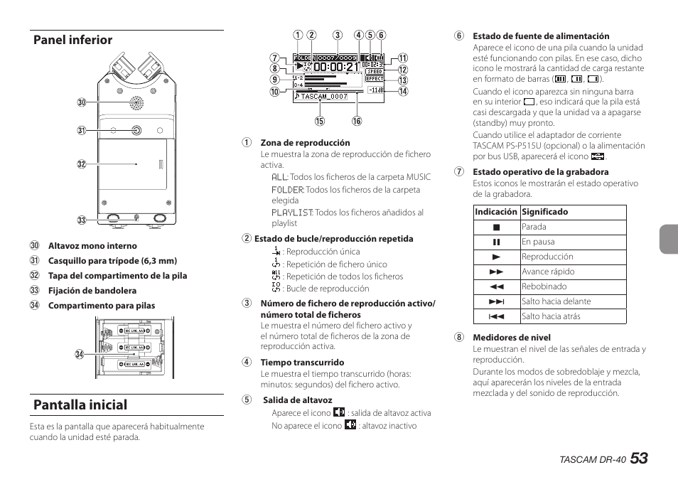 Panel inferior, Pantalla inicial | Teac DR-40 User Manual | Page 53 / 140