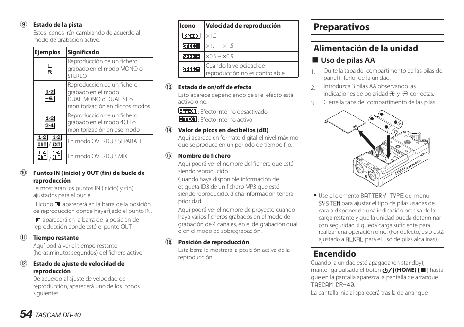 Preparativos, Alimentación de la unidad, Encendido | Teac DR-40 User Manual | Page 54 / 140