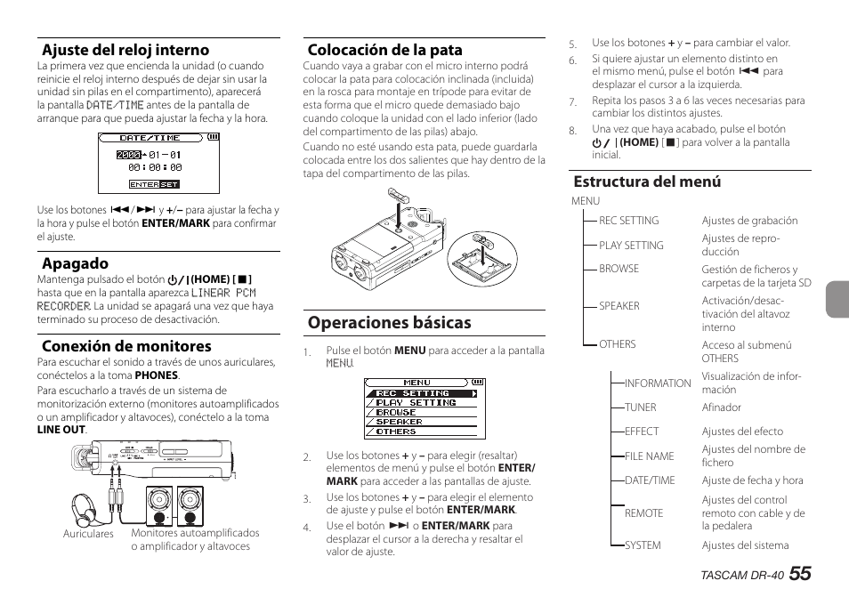 Ajuste del reloj interno, Apagado, Conexión de monitores | Colocación de la pata, Operaciones básicas, Estructura del menú | Teac DR-40 User Manual | Page 55 / 140