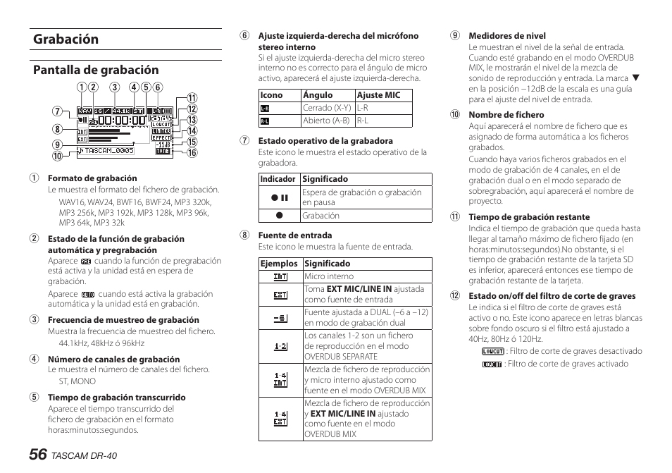 Grabación, Pantalla de grabación | Teac DR-40 User Manual | Page 56 / 140