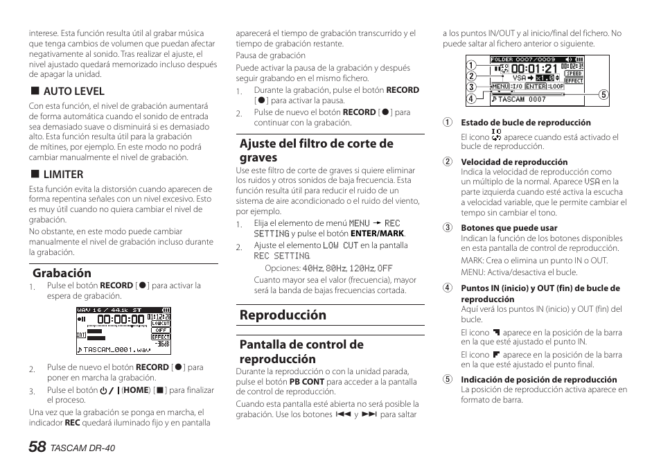 Grabación, Ajuste del filtro de corte de graves, Reproducción | Pantalla de control de reproducción | Teac DR-40 User Manual | Page 58 / 140