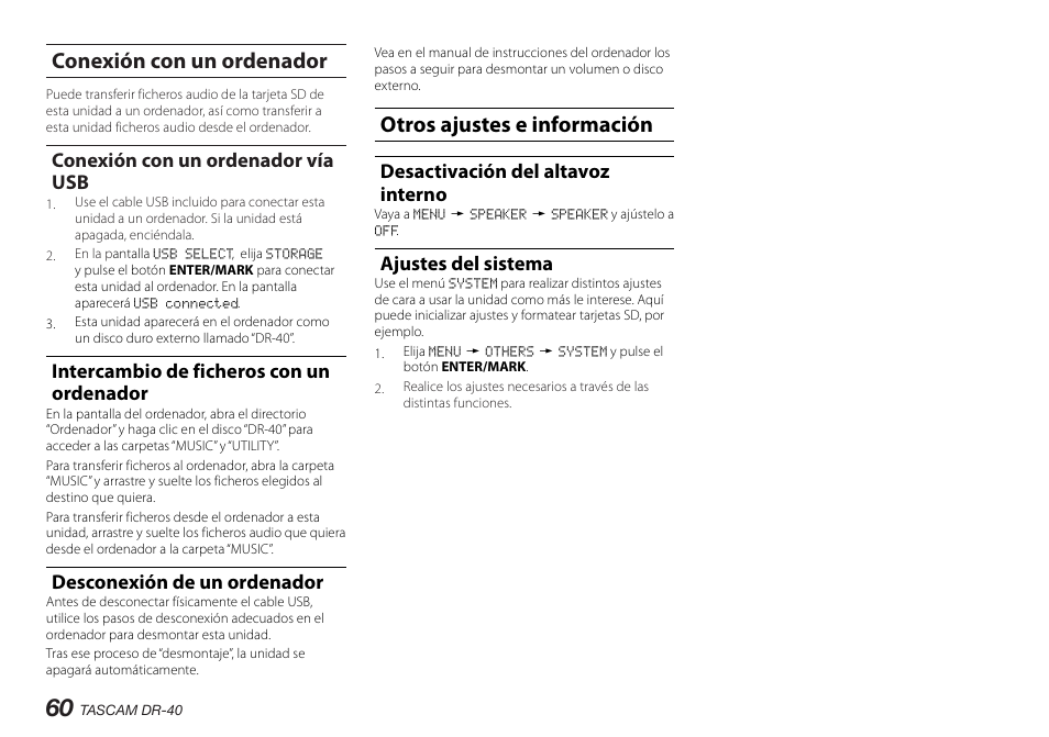 Conexión con un ordenador, Conexión con un ordenador vía usb, Intercambio de ficheros con un ordenador | Desconexión de un ordenador, Otros ajustes e información, Desactivación del altavoz interno, Ajustes del sistema | Teac DR-40 User Manual | Page 60 / 140