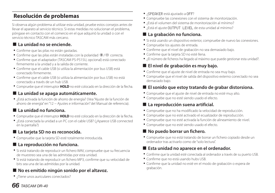 Resolución de problemas | Teac DR-40 User Manual | Page 66 / 140