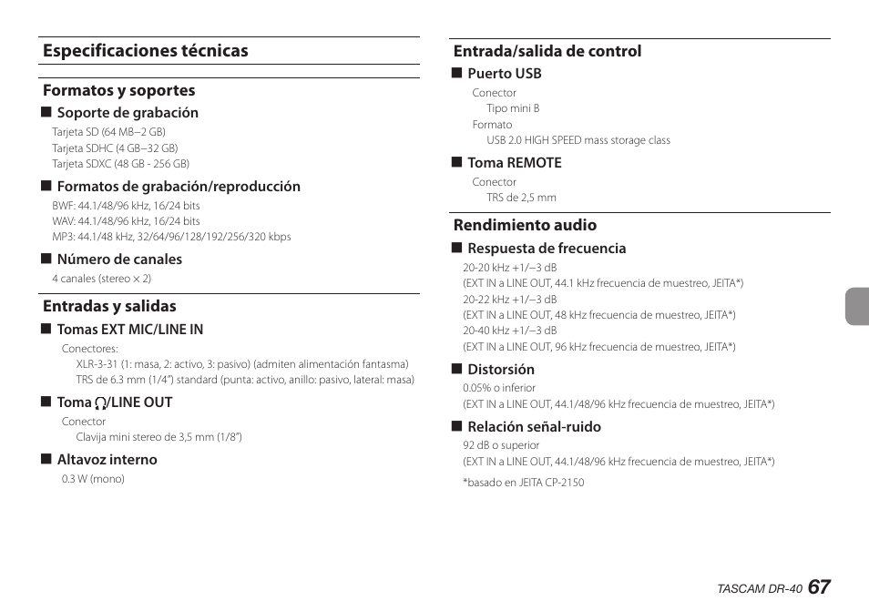 Especificaciones técnicas, Formatos y soportes, Entradas y salidas | Entrada/salida de control, Rendimiento audio | Teac DR-40 User Manual | Page 67 / 140