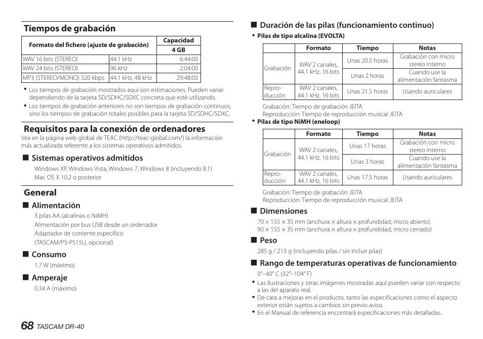 Tiempos de grabación, Requisitos para la conexión de ordenadores, General | Teac DR-40 User Manual | Page 68 / 140