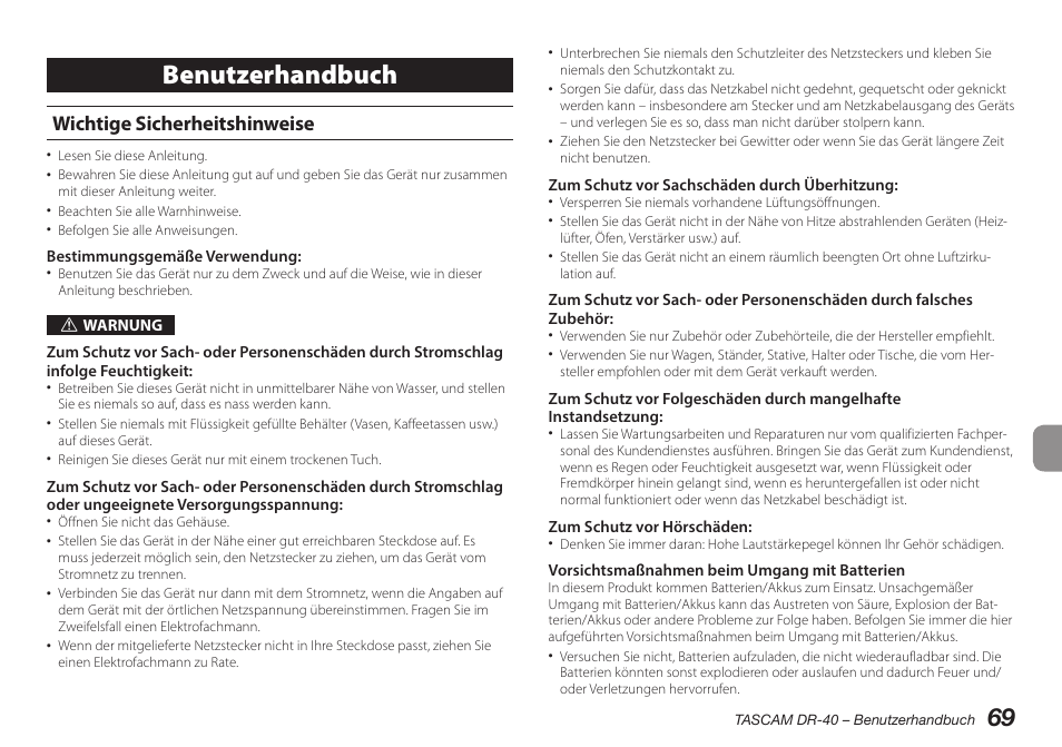 Deutsch, Wichtige sicherheitshinweise, Benutzerhandbuch | Teac DR-40 User Manual | Page 69 / 140