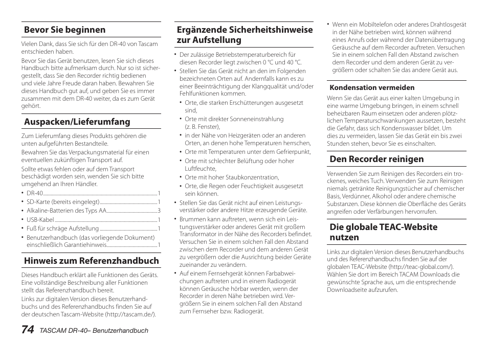 Bevor sie beginnen, Auspacken/lieferumfang, Hinweis zum referenzhandbuch | Ergänzende sicherheitshinweise zur aufstellung, Kondensation vermeiden, Den recorder reinigen, Die globale teac-website nutzen | Teac DR-40 User Manual | Page 74 / 140