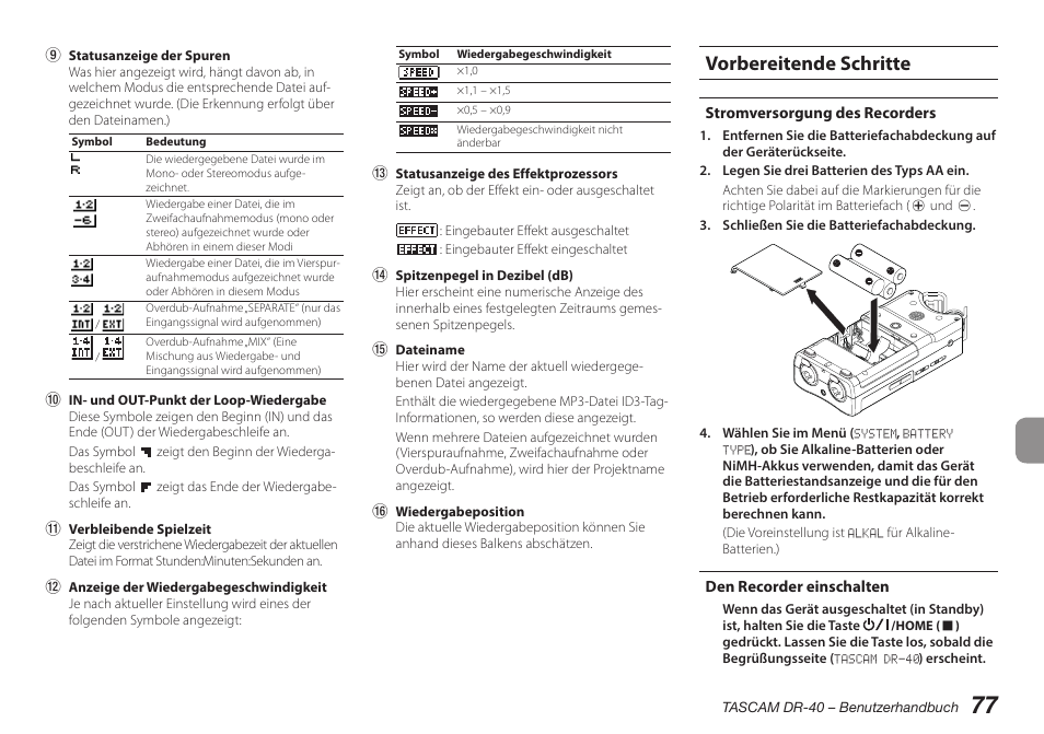 Vorbereitende schritte, Stromversorgung des recorders, Den recorder einschalten | Teac DR-40 User Manual | Page 77 / 140