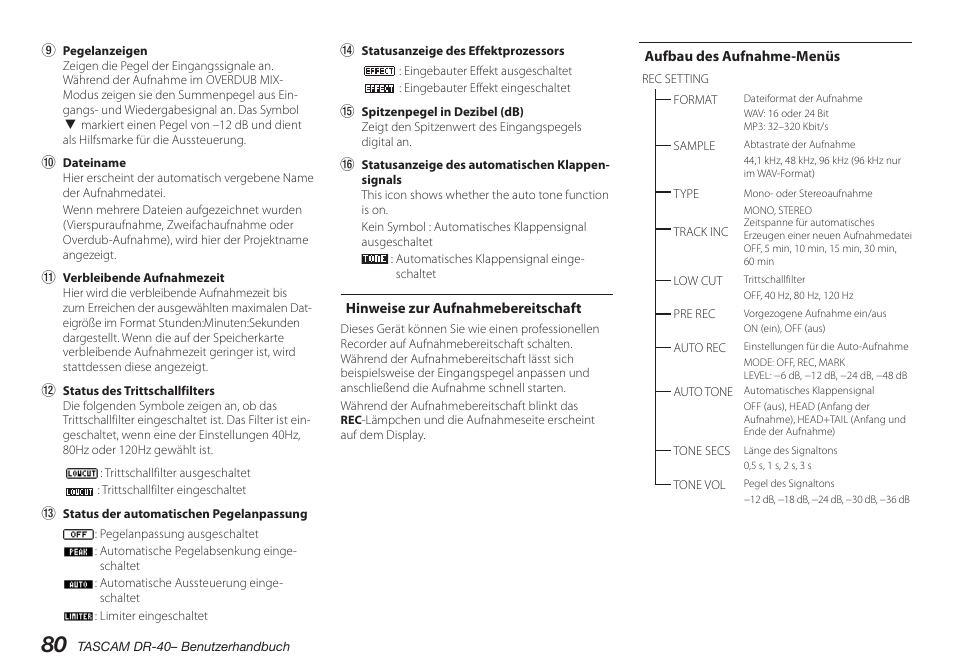 Hinweise zur aufnahmebereitschaft, Aufbau des aufnahme-menüs | Teac DR-40 User Manual | Page 80 / 140