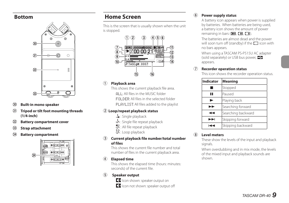 Bottom, Home screen | Teac DR-40 User Manual | Page 9 / 140