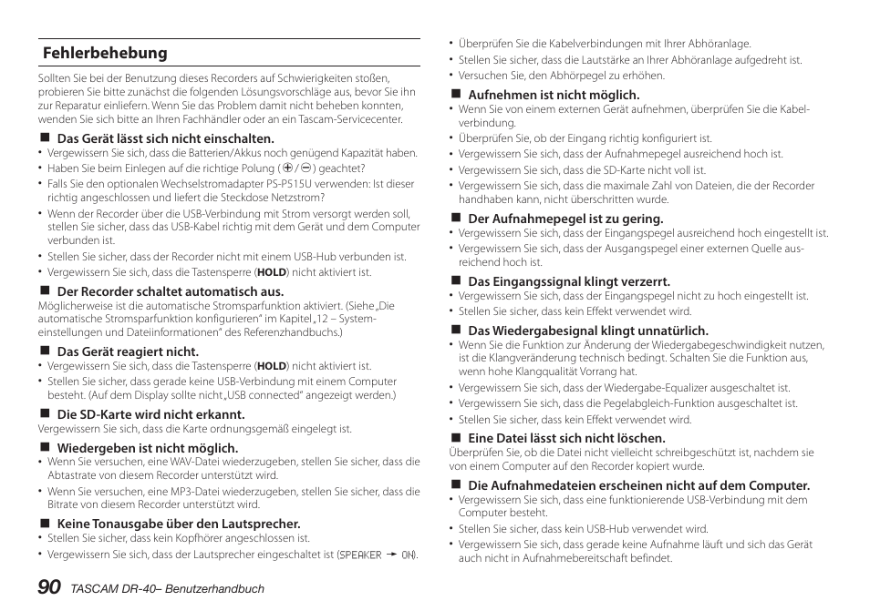 Fehlerbehebung | Teac DR-40 User Manual | Page 90 / 140