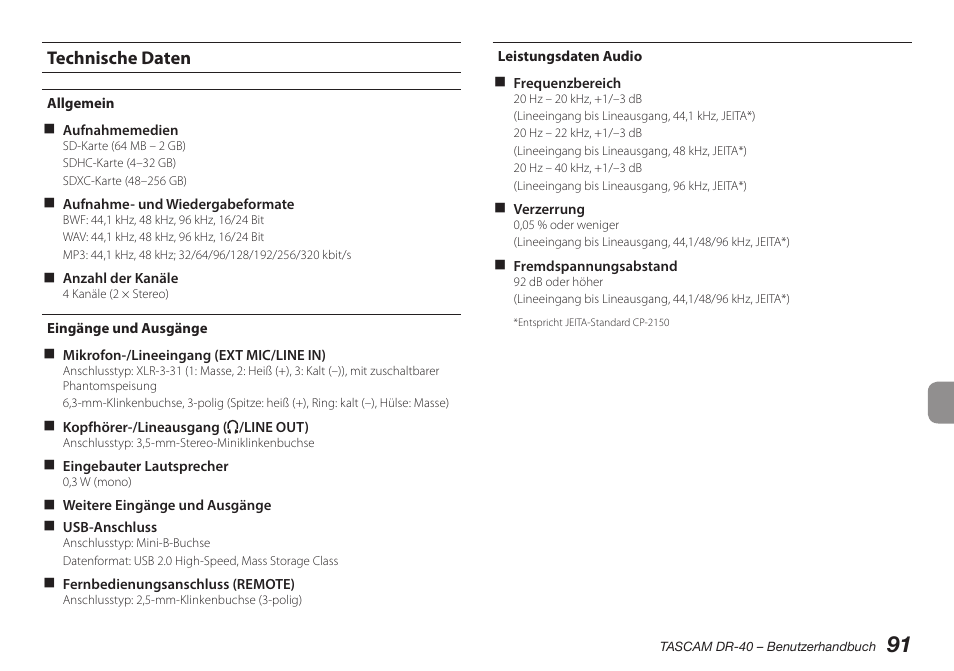 Technische daten, Allgemein, Eingänge und ausgänge | Leistungsdaten audio | Teac DR-40 User Manual | Page 91 / 140