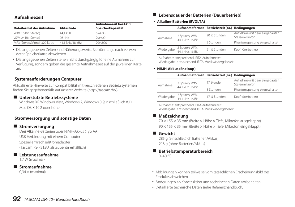 Aufnahmezeit, Systemanforderungen computer, Stromversorgung und sonstige daten | Teac DR-40 User Manual | Page 92 / 140