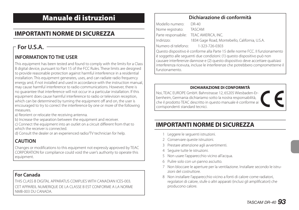 Italiano, Manuale di istruzioni, Importanti norme di sicurezza | For u.s.a | Teac DR-40 User Manual | Page 93 / 140