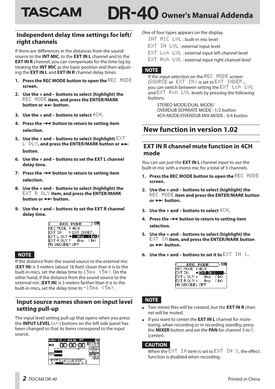 Dr-40, Owner's manual addenda, New function in version 1.02 | Ext in r channel mute function in 4ch mode | Teac DR-40 Appendum User Manual | Page 2 / 2