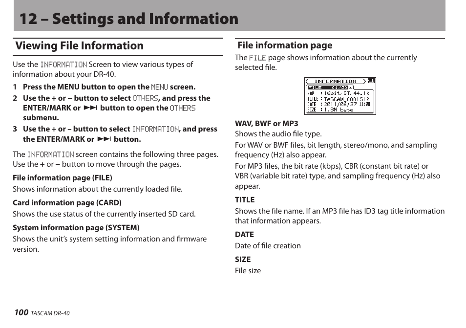 12 – settings and information, Viewing file information, File information page | Teac DR-40 User Manual | Page 100 / 120