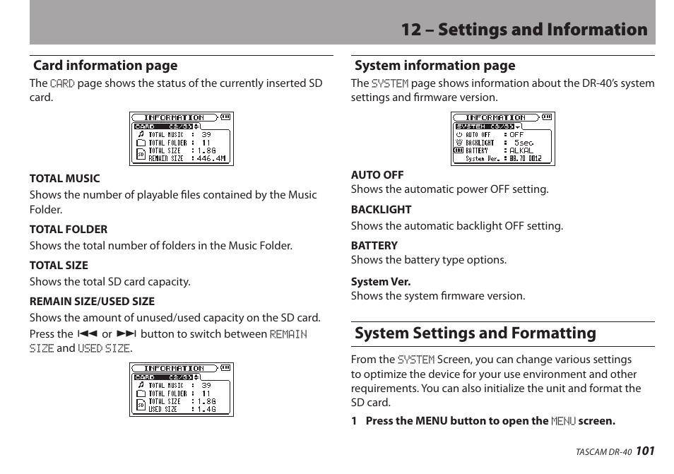 System settings and formatting, 12 – settings and information, Card information page | System information page | Teac DR-40 User Manual | Page 101 / 120