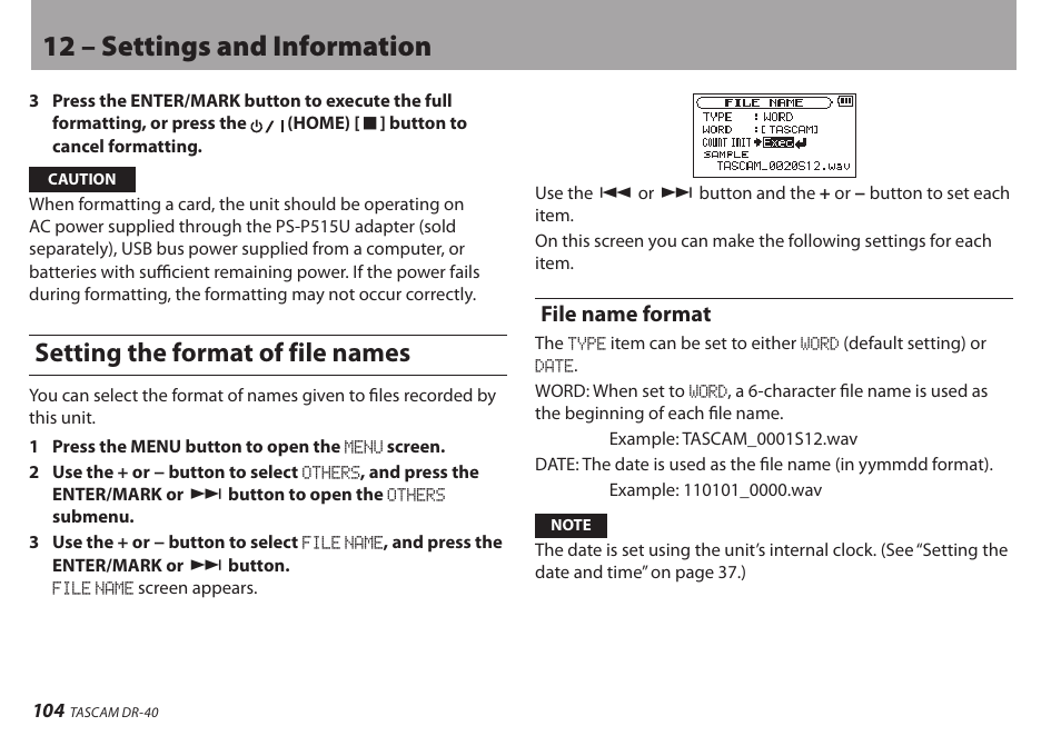 Setting the format of file names, File name format, 12 – settings and information | Teac DR-40 User Manual | Page 104 / 120